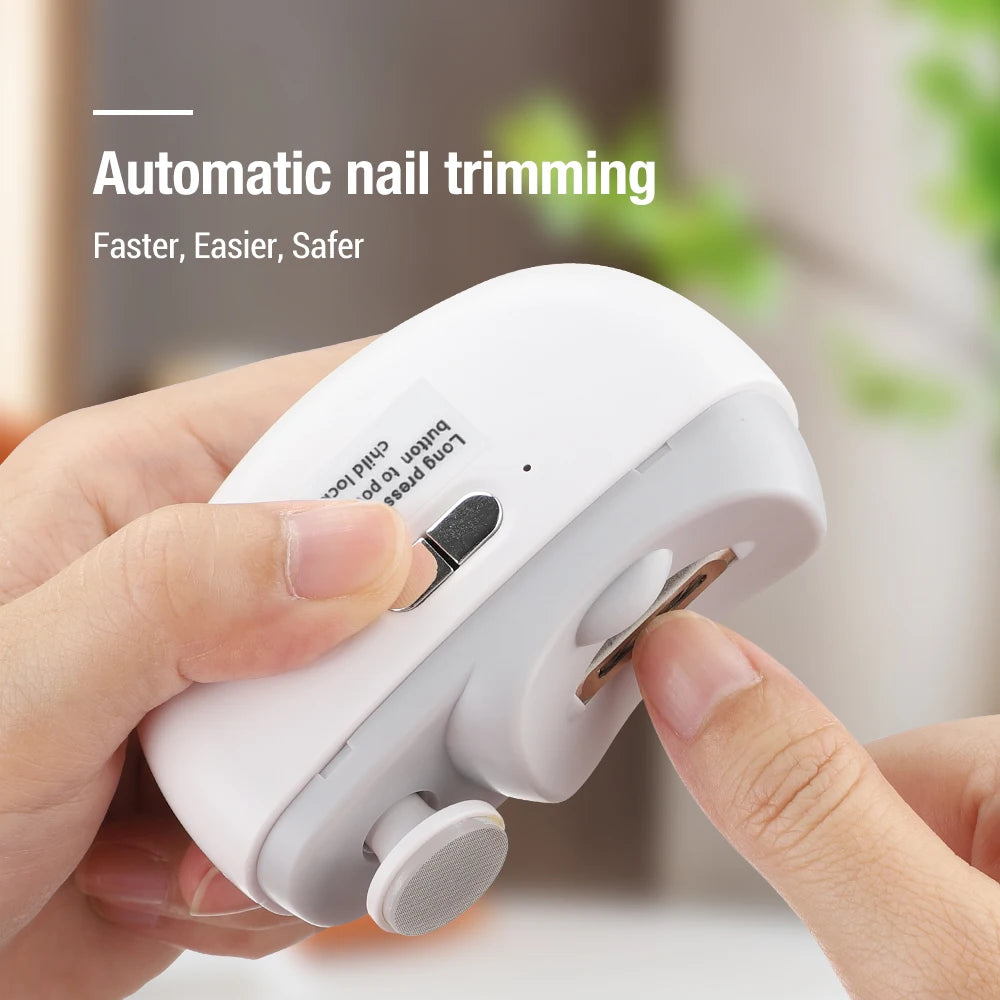 Thumb pressing the slider button on the Nailo trimmer while a nail sits in the slot