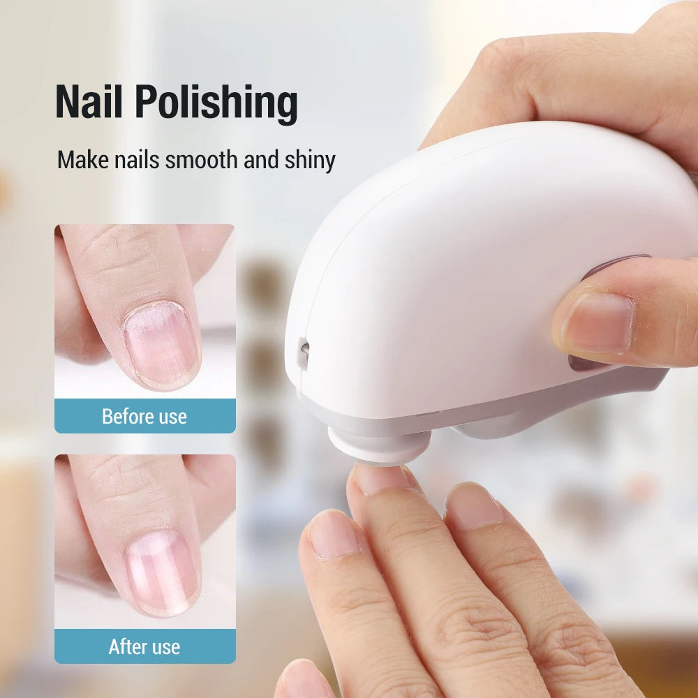 Nailo grinder head polishing a fingernail, with before and after close-ups